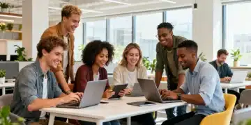 Diverse group of American freelancers working on laptops in a modern co-working space, demonstrating collaboration and focus for client acquisition.