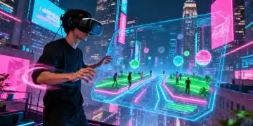 Gamer wearing a VR headset in a futuristic US city, immersed in a virtual game world.