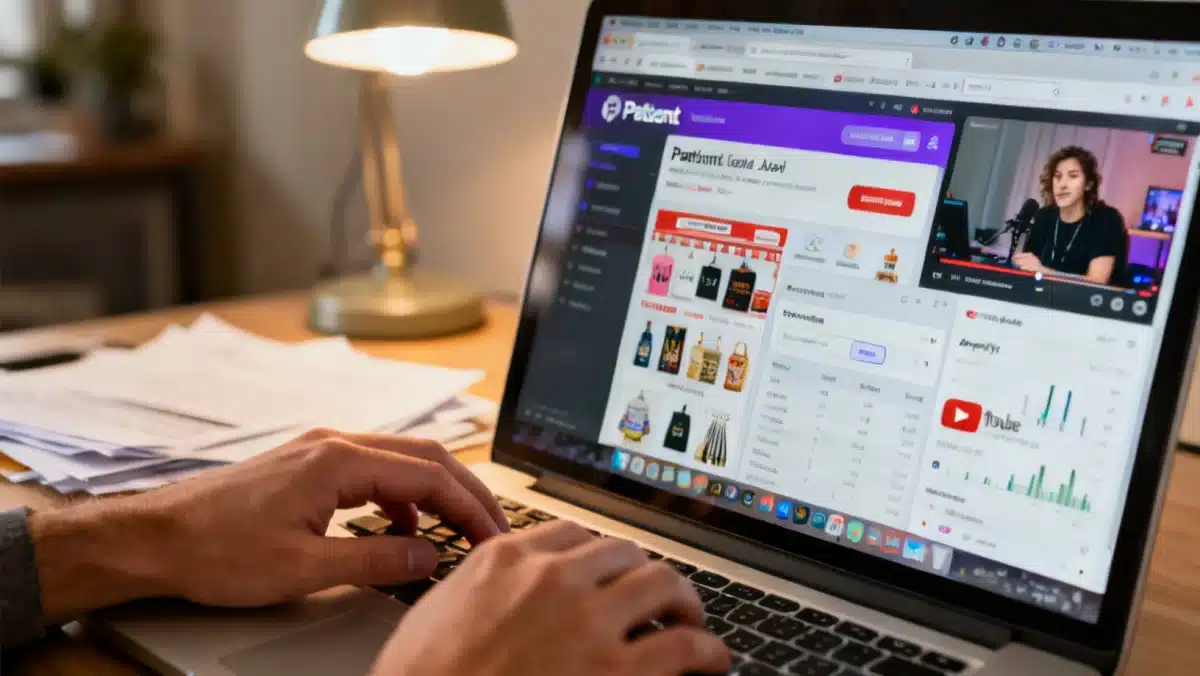 Hands typing on laptop, showing various online income sources
