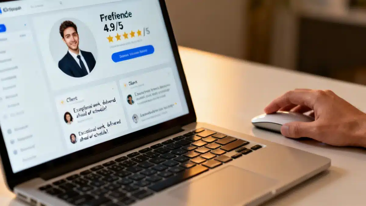 Optimized freelance profile dashboard with high ratings and client testimonials on a laptop screen, showcasing platform mastery.