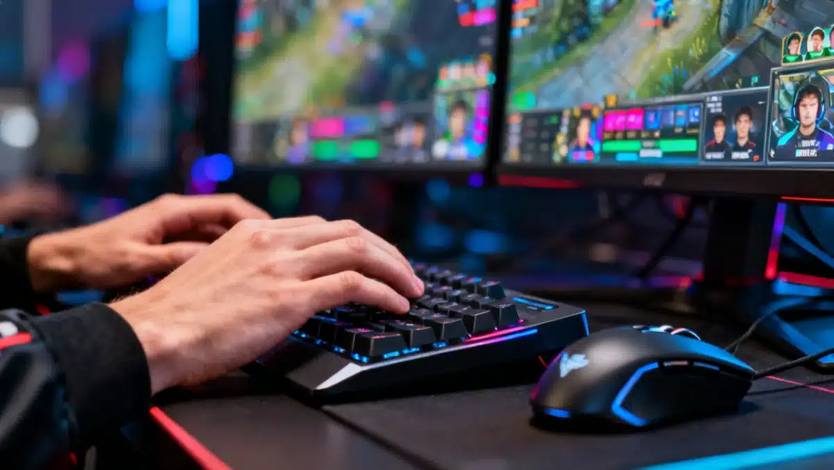 Professional gamer's hands on keyboard and mouse during an intense esports match