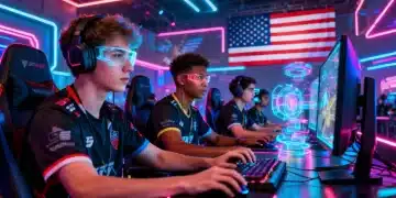 Esports players competing in a futuristic arena, dynamic gaming action