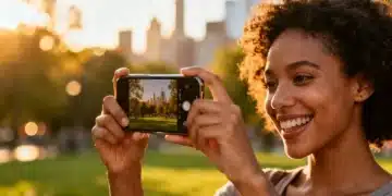 Woman capturing high-quality photo with smartphone in park
