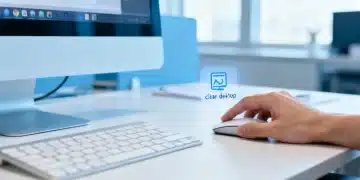 Hand clicking a 'clean desktop' icon on a neatly organized computer screen, symbolizing instant decluttering.