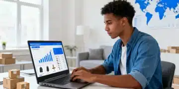 Young entrepreneur analyzing dropshipping data on a laptop, aiming for profit