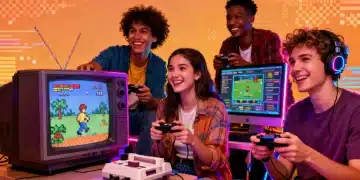 Group of friends enjoying 90s retro video games on multiple platforms