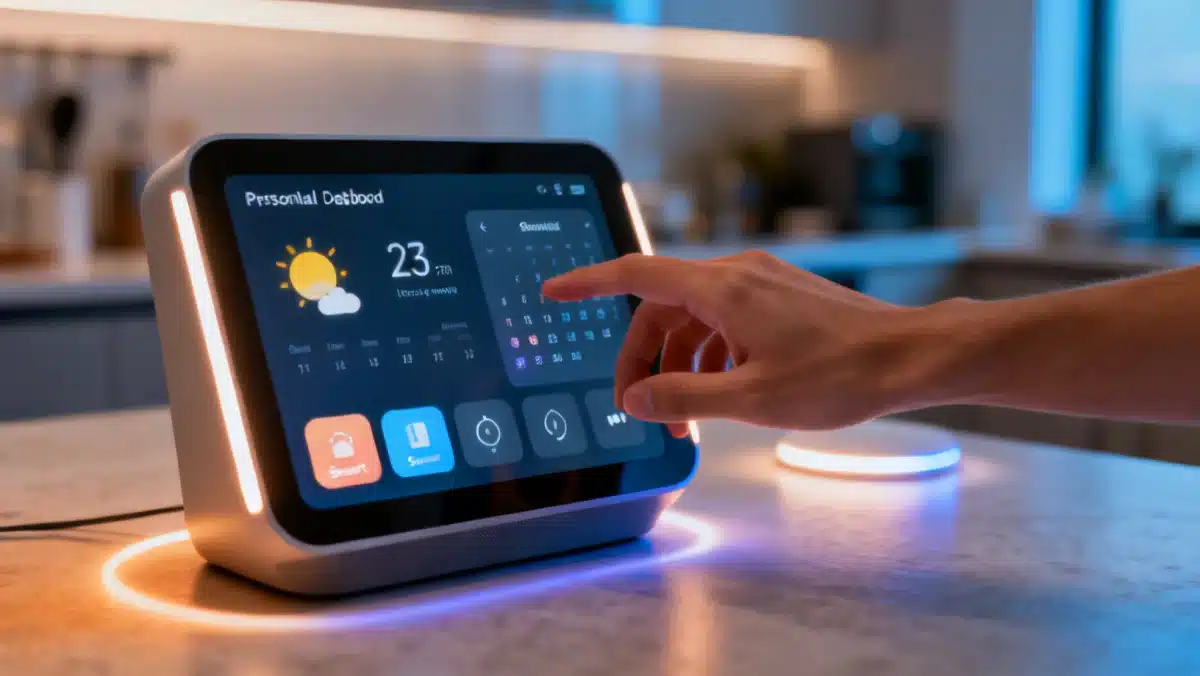 Futuristic smart display controlling home automation settings in a modern interior.