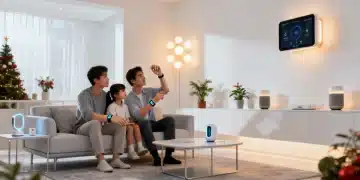 Family enjoying smart home automation gadgets in a modern living room during Holiday 2026.