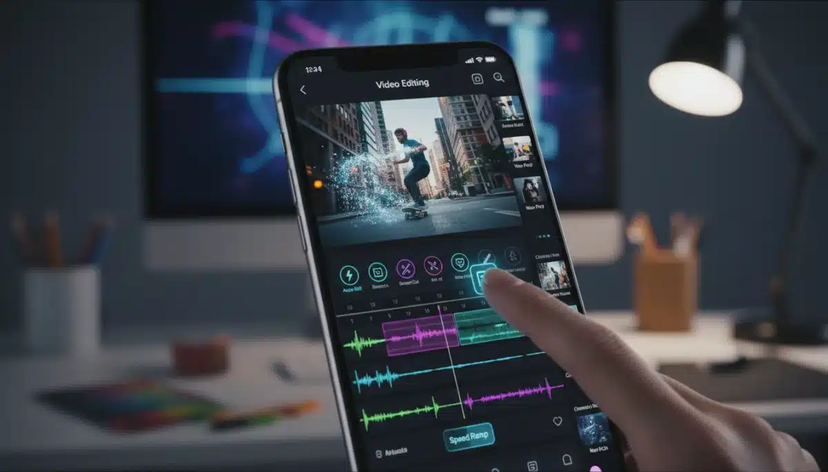 AI-powered video editing tools on a smartphone screen, showcasing advanced features for Reels and Shorts creators.