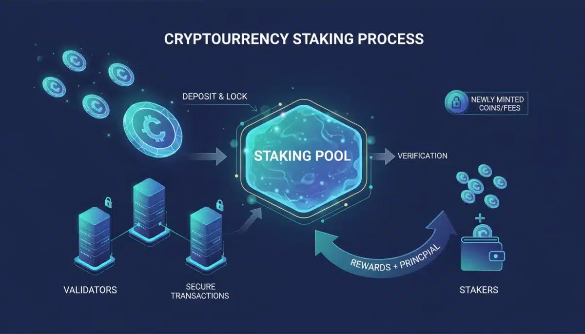 Infographic explaining the cryptocurrency staking process and rewards