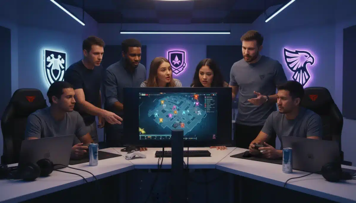 US esports team collaborating and strategizing in a modern gaming lounge