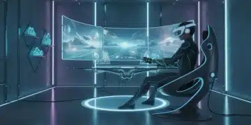 Futuristic gamer with advanced VR headset and haptic gear
