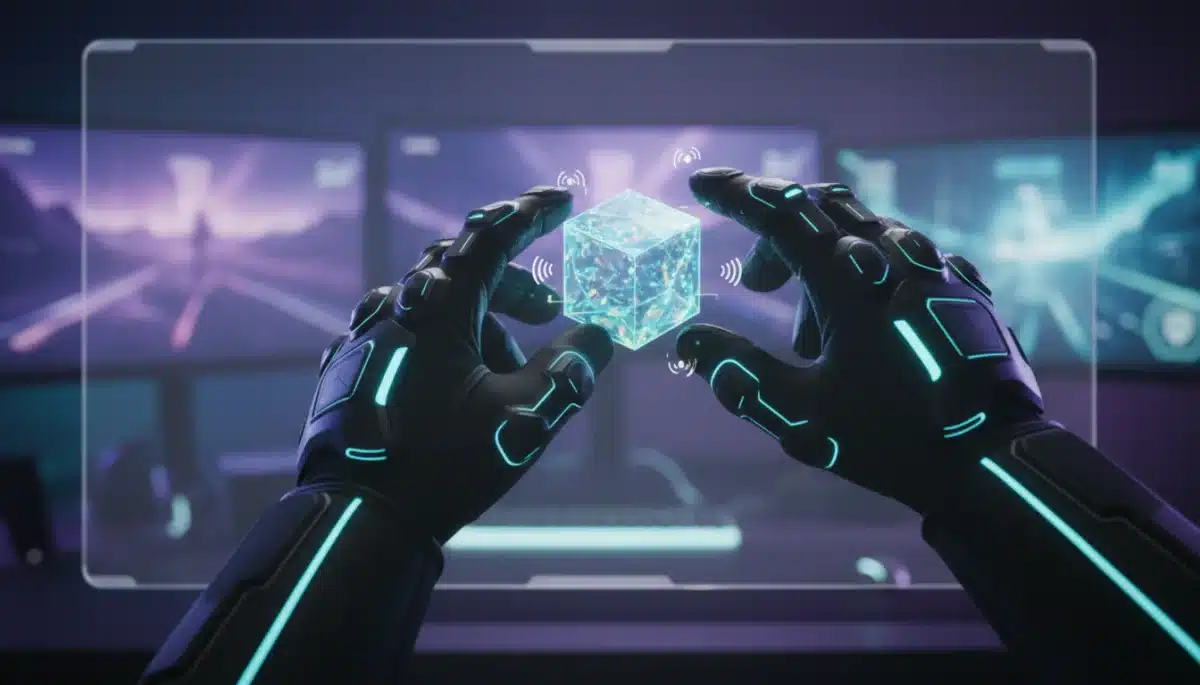 Gamer's hands in haptic feedback gloves interacting with virtual object