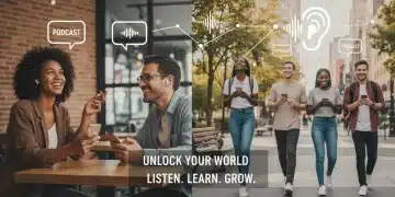 Young American adults absorbed in listening to podcasts on their phones, showcasing diverse interests and modern digital engagement.