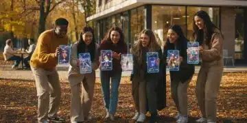 Young adults engaging with short-form video on smartphones in a fall park setting, showcasing Reels and Shorts innovation.
