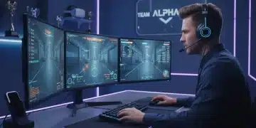 Focused US gamer with headset at multi-monitor setup for esports training