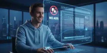 Futuristic browser showing ad-free content, user smiling