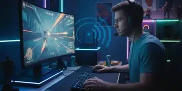 Gamer focused on screen with headset, optimizing internet for gaming