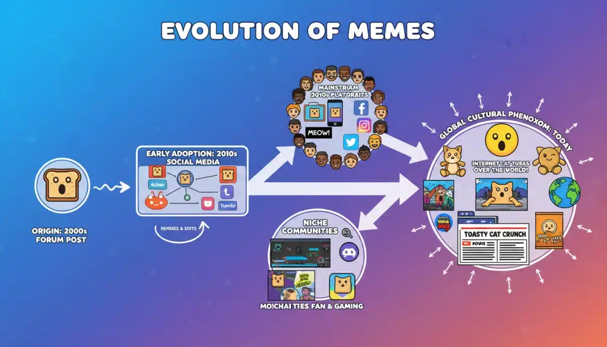 Evolution of internet memes from niche to mainstream phenomenon.