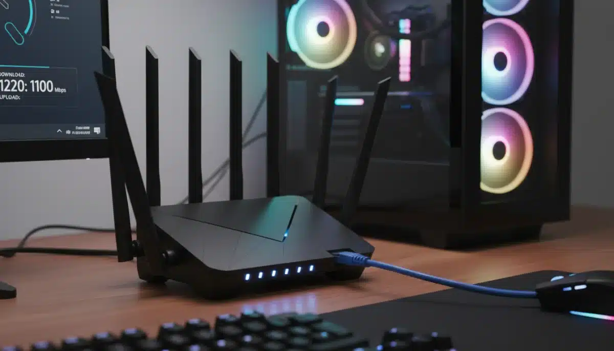 Modern Wi-Fi router with antennas, connected to a gaming PC
