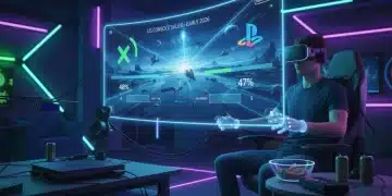 Gamer playing a futuristic game on a console, representing US console sales in 2026.