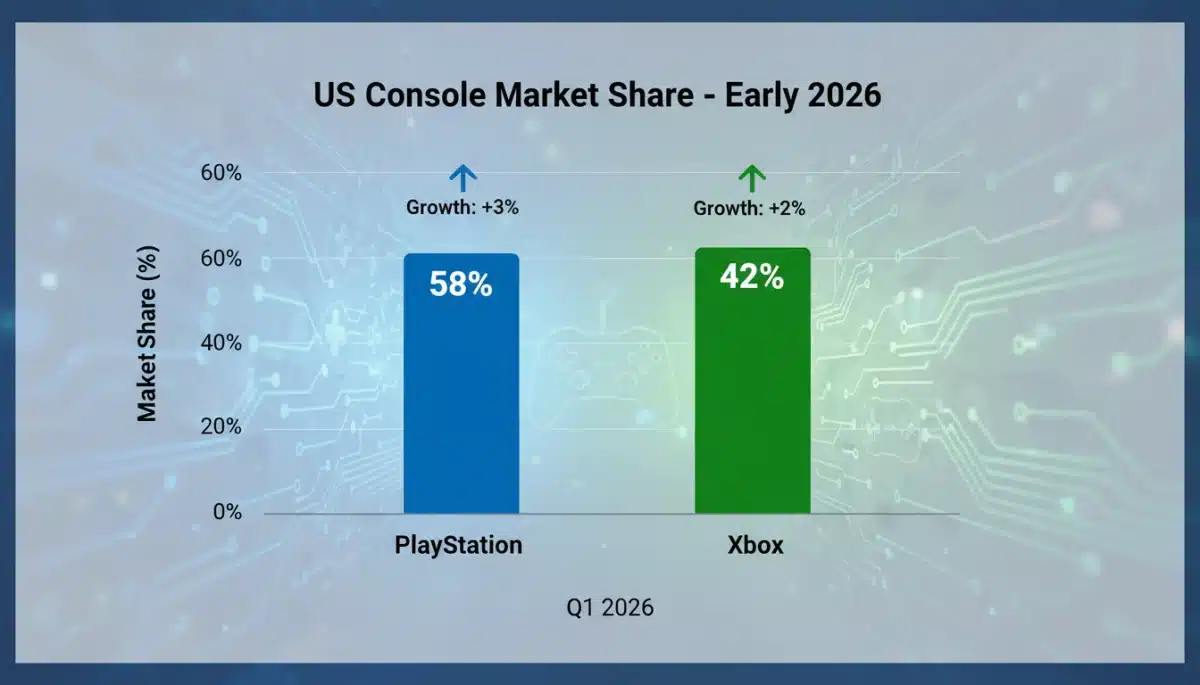 Bar chart showing Xbox and PlayStation market share in US console sales, early 2026.