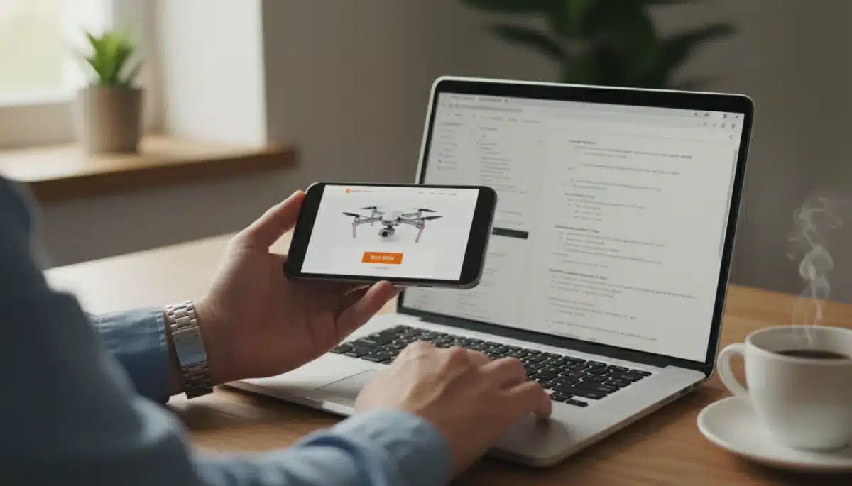 Person engaging with affiliate product on smartphone and laptop