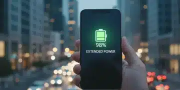 Smartphone with extended battery life display on screen, person holding phone