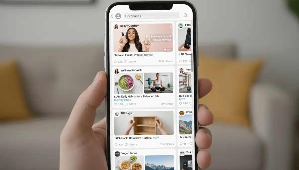 Smartphone screen showing diverse micro-influencer content and engagement metrics