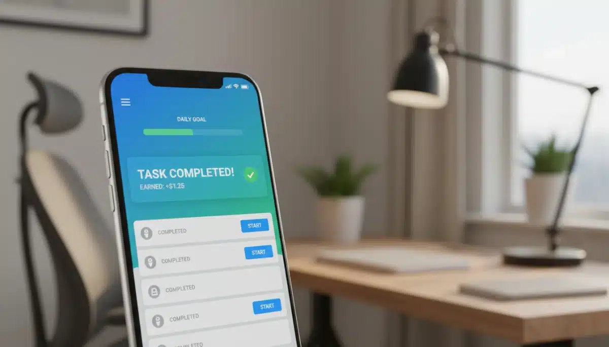 Smartphone displaying completed micro-task and earnings notification