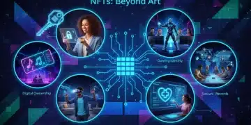 Diverse applications of NFTs beyond art, showcasing real estate, gaming, and digital identity