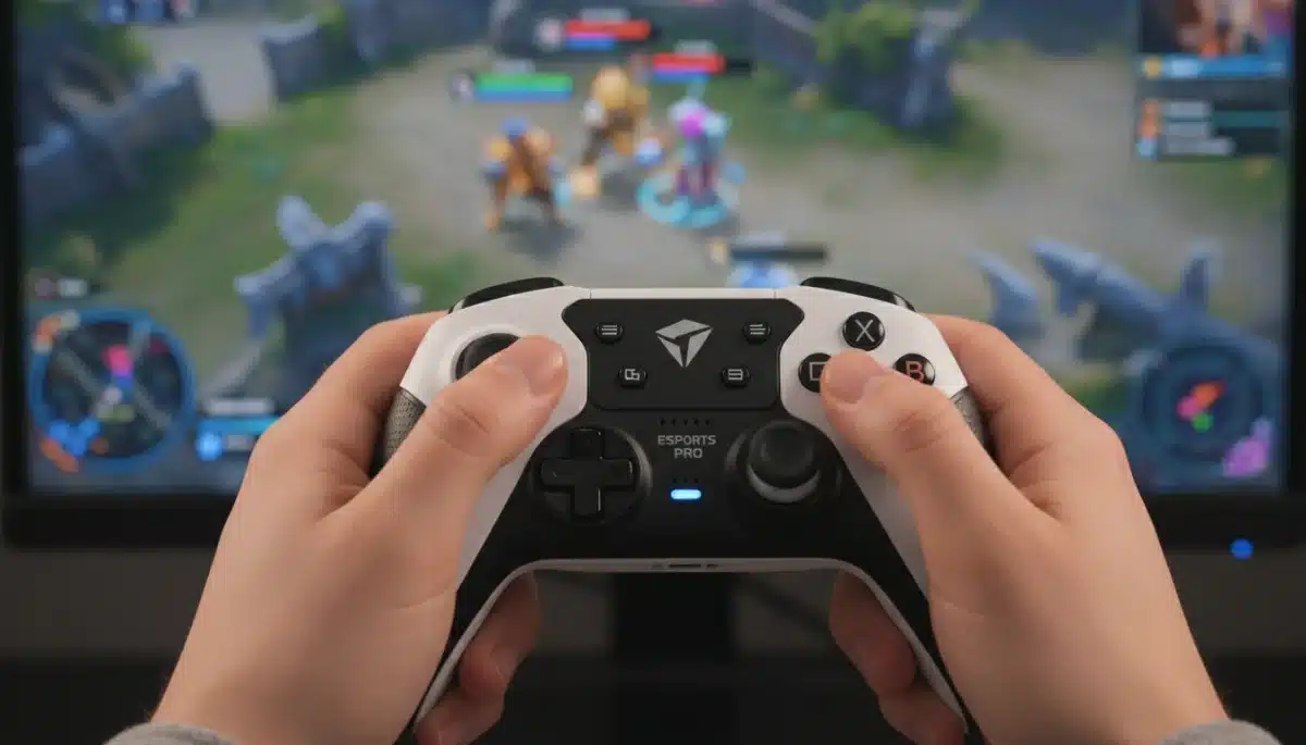 Professional gamer hands on controller during an esports match