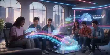Young adults enjoying cloud gaming on various devices in a modern setting